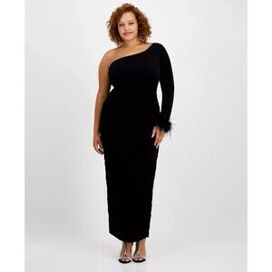 City Studios Women's Plus Size One-Shoulder Feather-Cuff Gown Dress Black 18W